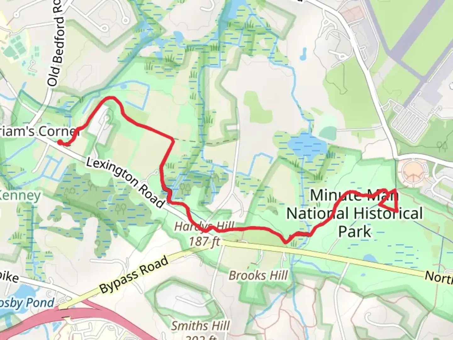 An image depicting the trail Meriam's Corner to Minute man National Park Trail and its surrounding area.