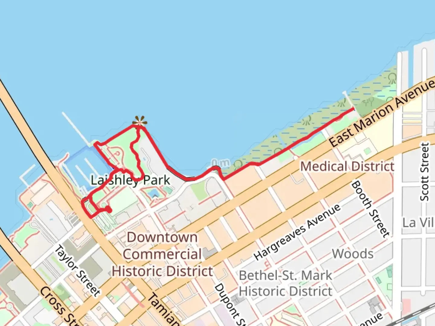 An image depicting the trail Laishley Park and Harborwalk East and its surrounding area.