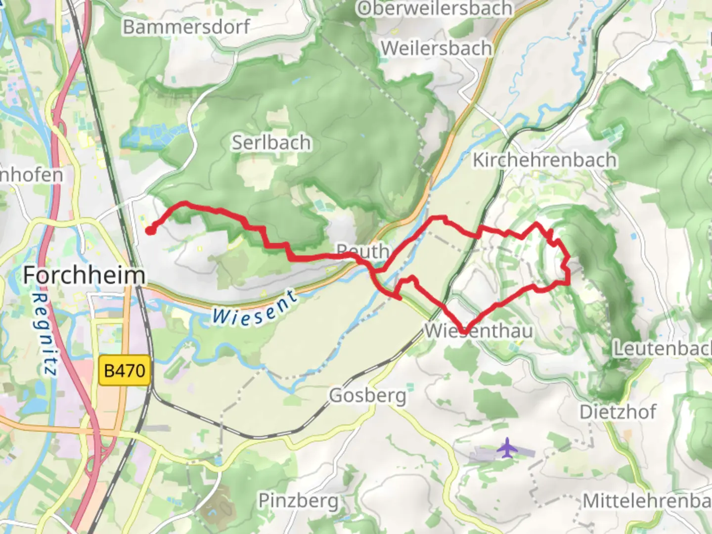 An image depicting the trail Walberla and Ehrenburg Loop via Kellerberg and its surrounding area.