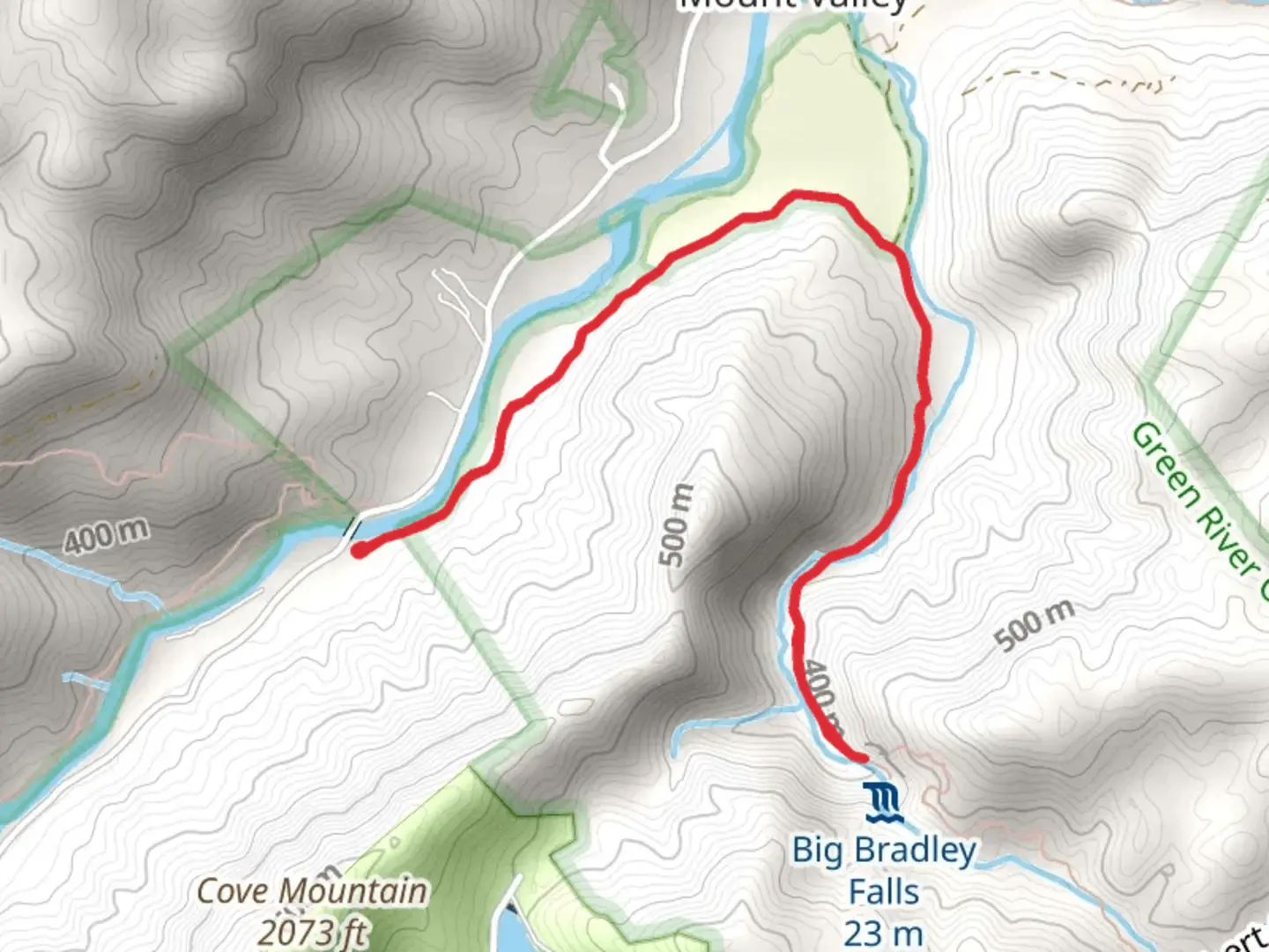 An image depicting the trail Cove Creek via Big Bradley Base Trail and its surrounding area.