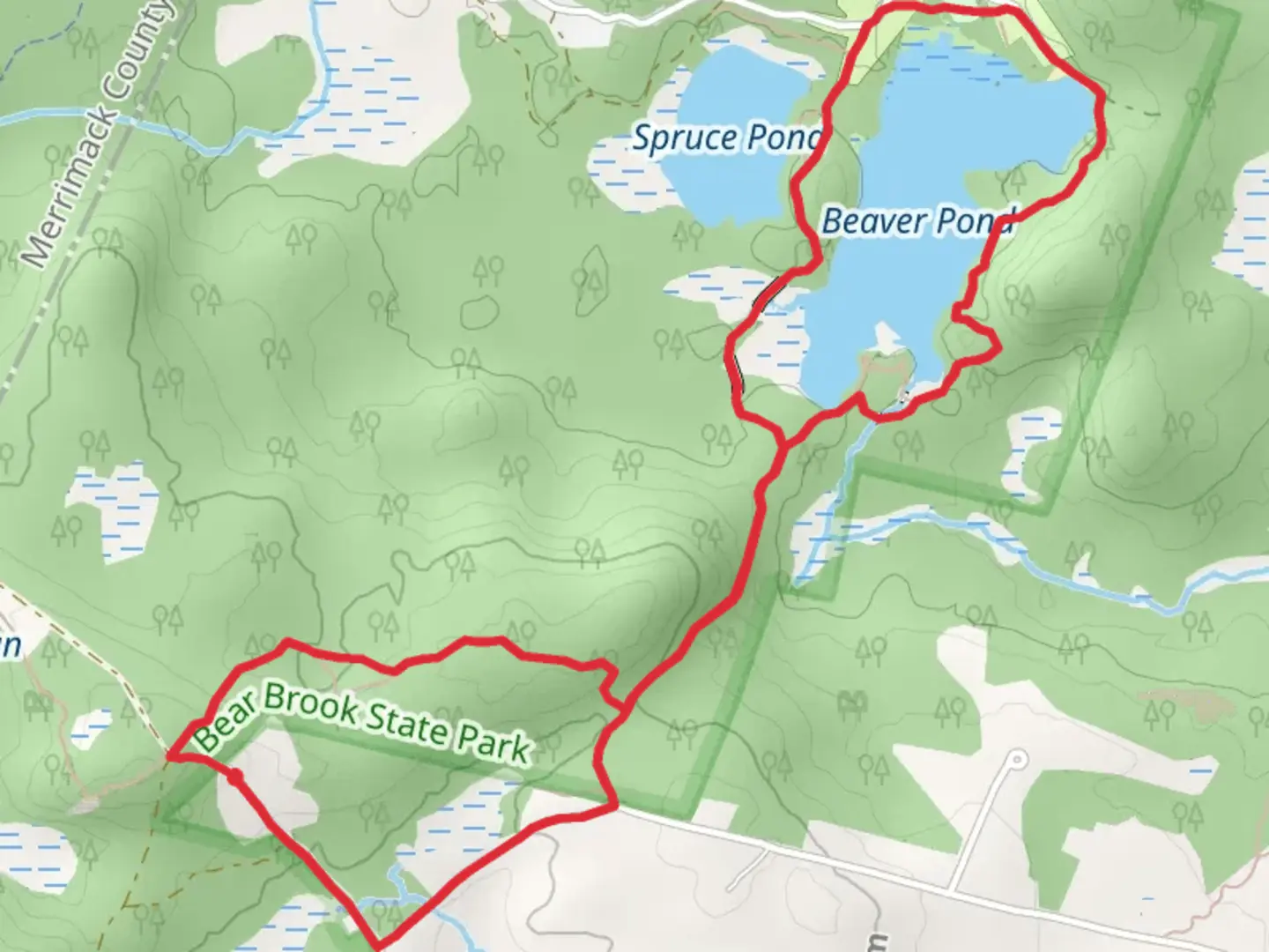 An image depicting the trail Beaver Pond and Spruce Pond Loop via Lynx Trail and its surrounding area.