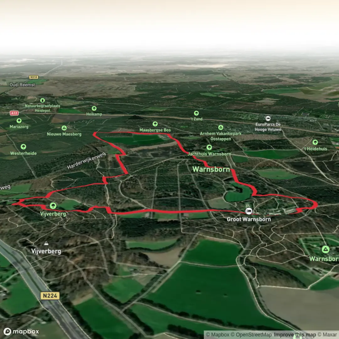 An image depicting the trail Warnsborn, De Grote Kweek and Vijverberg Loop and its surrounding area.