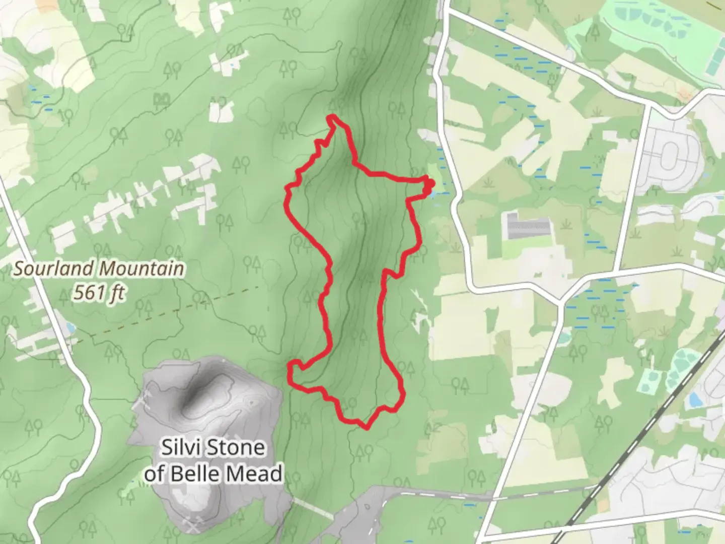 An image depicting the trail Sourland Mountain Preserve Loop and its surrounding area.