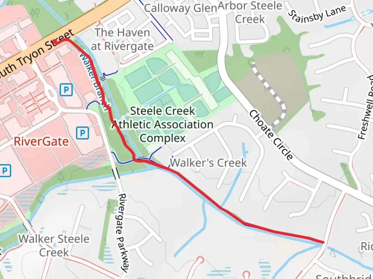 An image depicting the trail Walker Branch Greenway and its surrounding area.