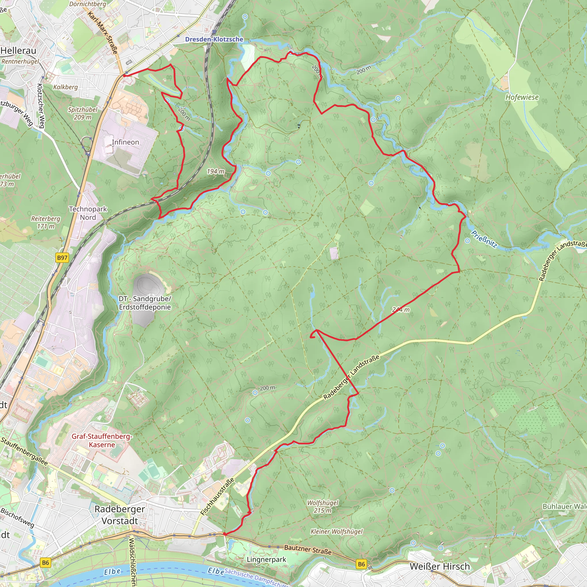 Dresdner Heide Walk via Priessnitzwasserfall mobile static map