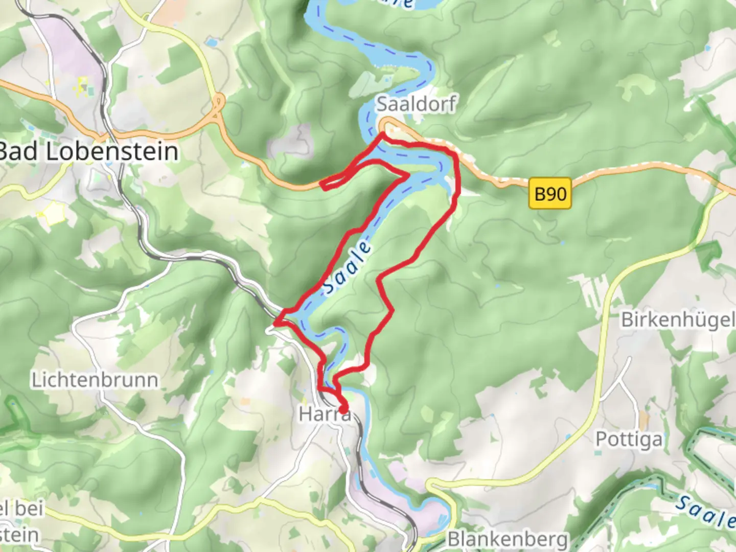 An image depicting the trail Saale via Saale Orla Weg and Haara Wanderweg and its surrounding area.