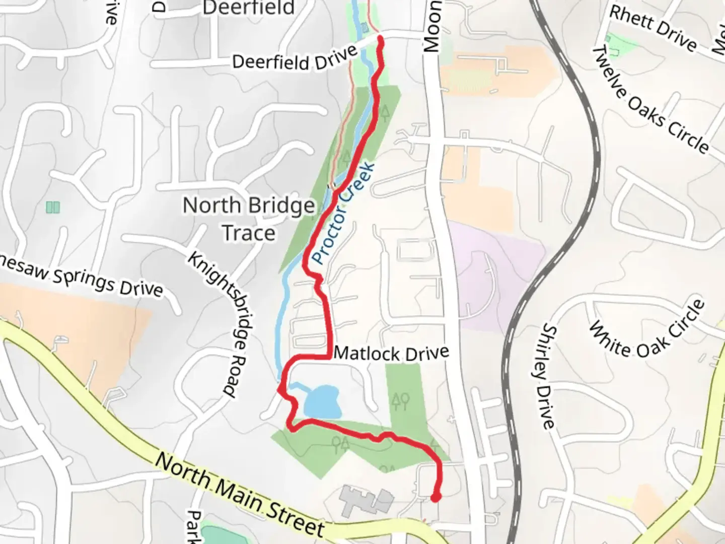 An image depicting the trail Whispering Lake Trail and Deerfield Park Trail and its surrounding area.