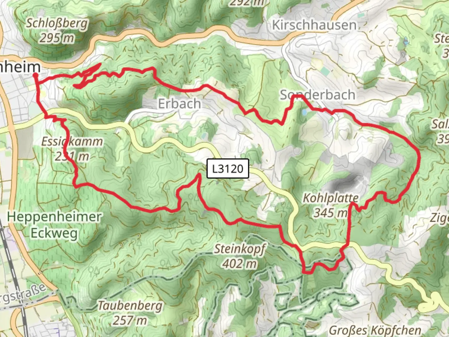 An image depicting the trail Kirschhausen and Odenwald Vogesen Weg Teil and its surrounding area.