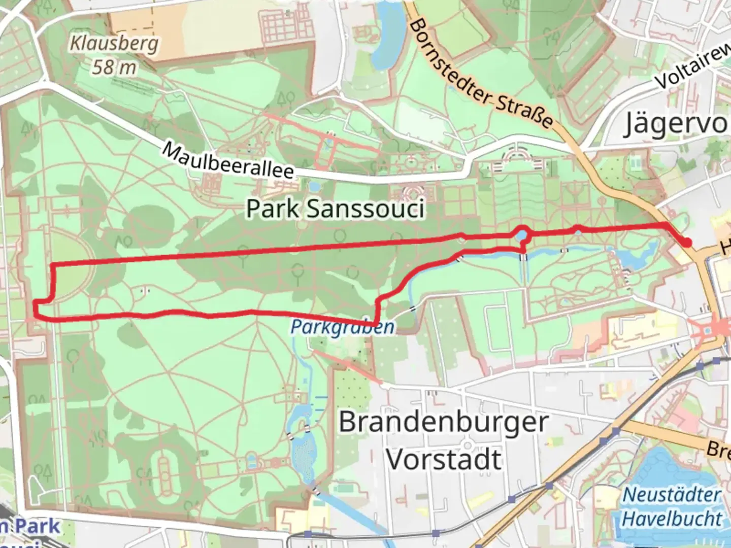 An image depicting the trail Schlosspark Sanssouci Short Loop via Große Fontäne and Hauptallee and its surrounding area.