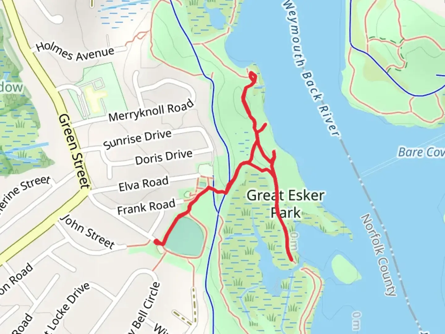 An image depicting the trail Great Esker Park Trail via Julia Road Playground and its surrounding area.