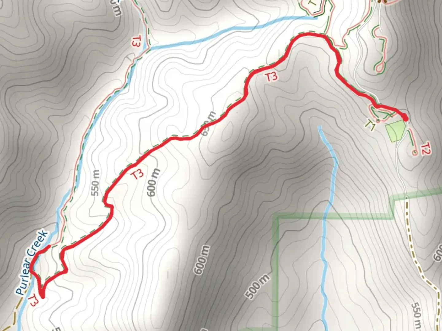 An image depicting the trail Purlear Creek via Amadehy Waterfalls Trail and its surrounding area.
