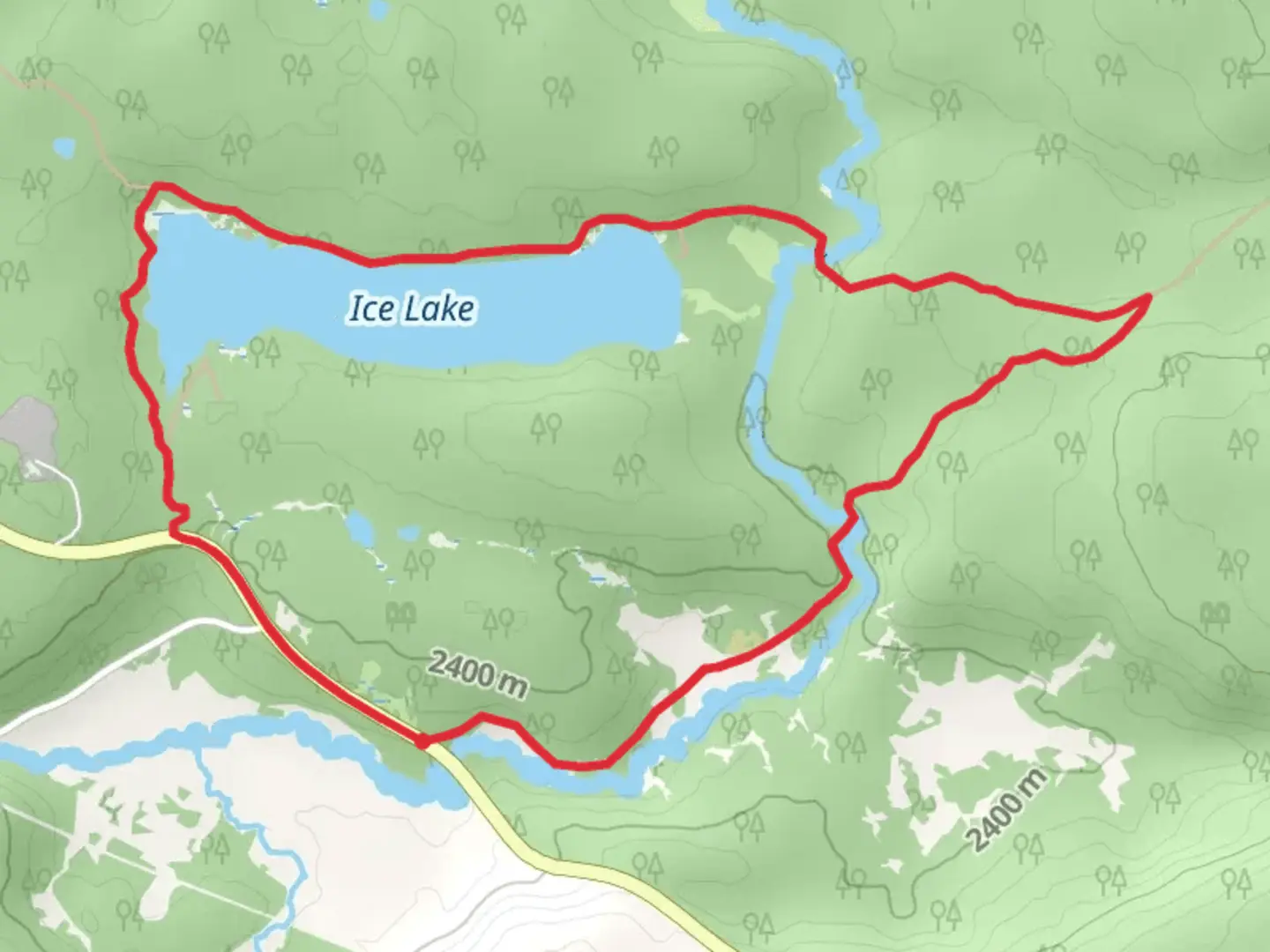 An image depicting the trail Ice Lake and Little Gibbon Falls Loop Trail and its surrounding area.