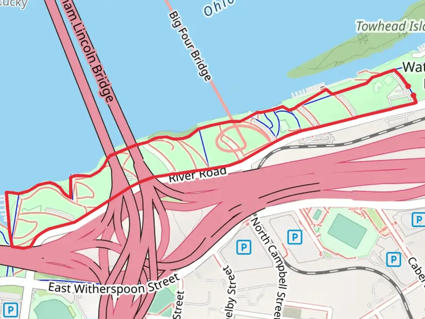 An image depicting the trail Waterfront Park and Louisville Loop and its surrounding area.