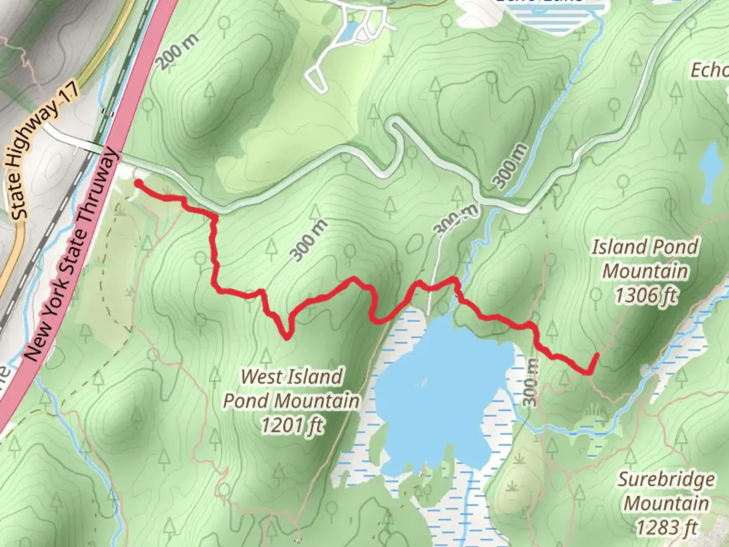 An image depicting the trail Island Pond from Elk Pen Road and its surrounding area.