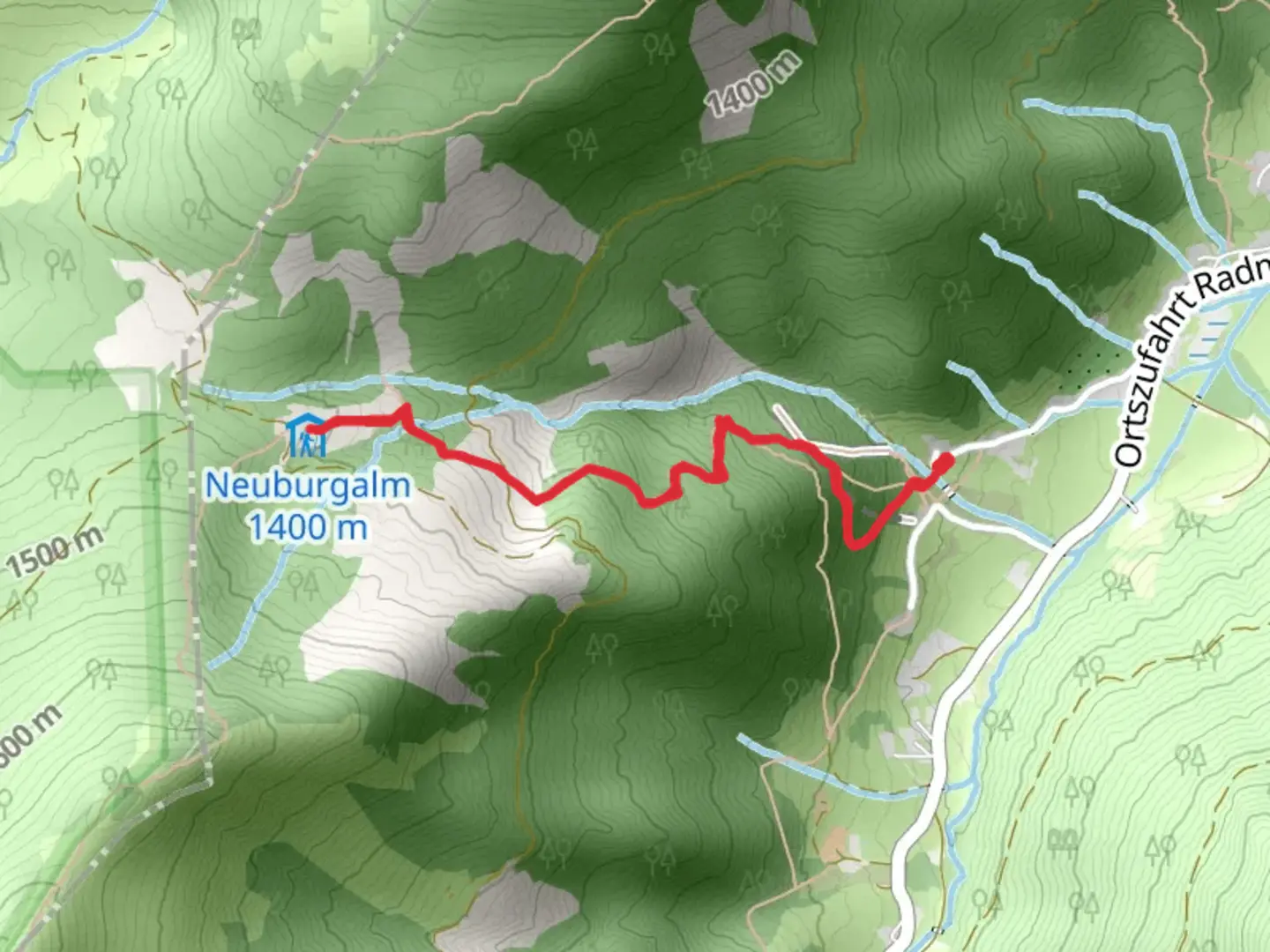An image depicting the trail Neuburgalm Hike and its surrounding area.