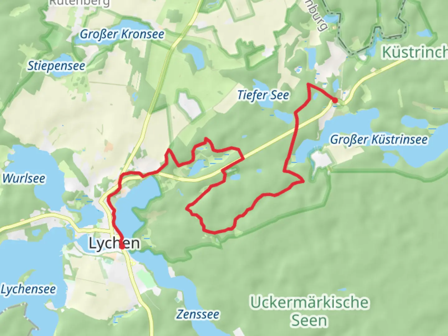 An image depicting the trail Schreibermühle to Lychen Walk via Oberpfuhl and its surrounding area.