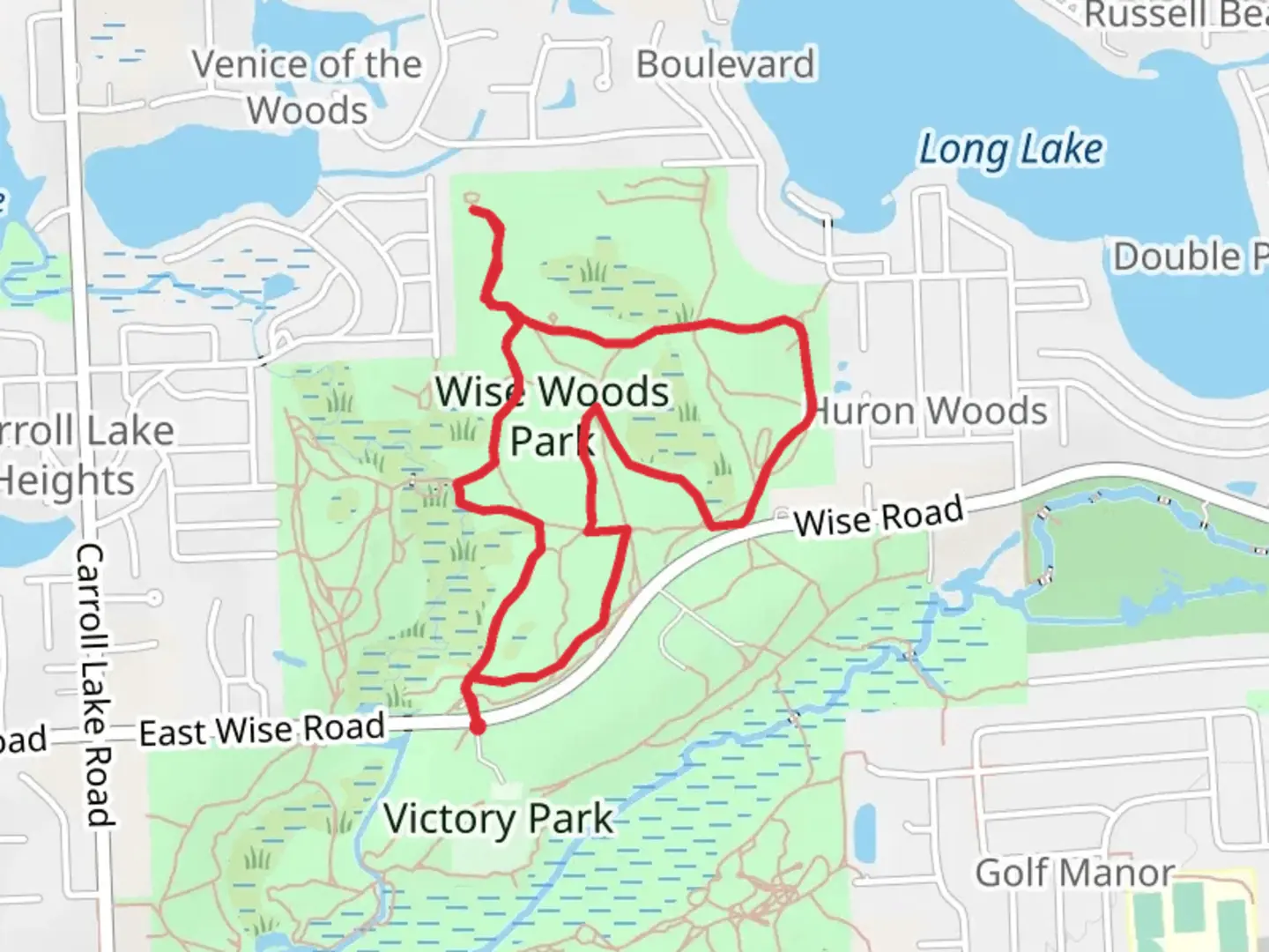 An image depicting the trail Wise Woods Park Loop and its surrounding area.