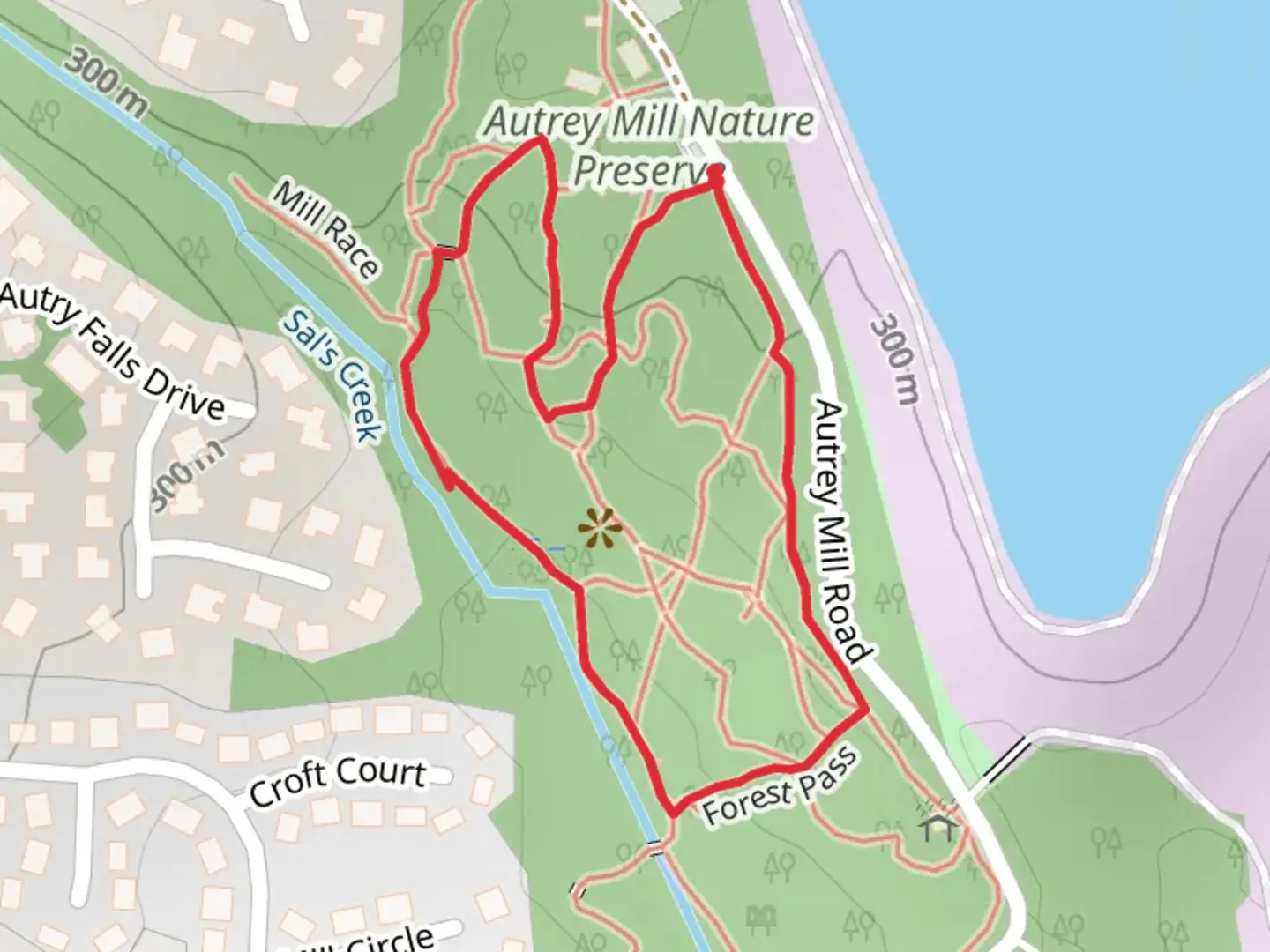 An image depicting the trail Autrey Mill Nature Preserve Loop and its surrounding area.