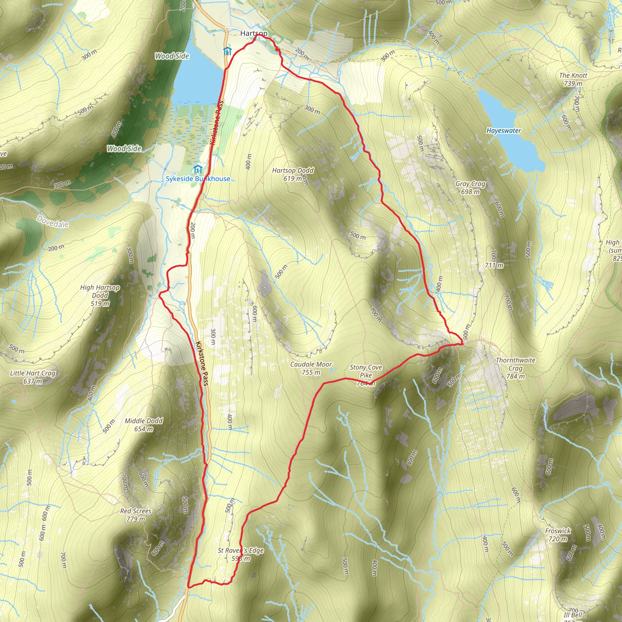 Stony Cove Pike, St Raven's Edge and Kirkstone Pass Loop - Hartsop mobile static map