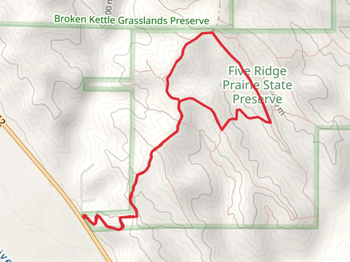 An image depicting the trail Five Ridge Prairie State Preserve Loop and its surrounding area.
