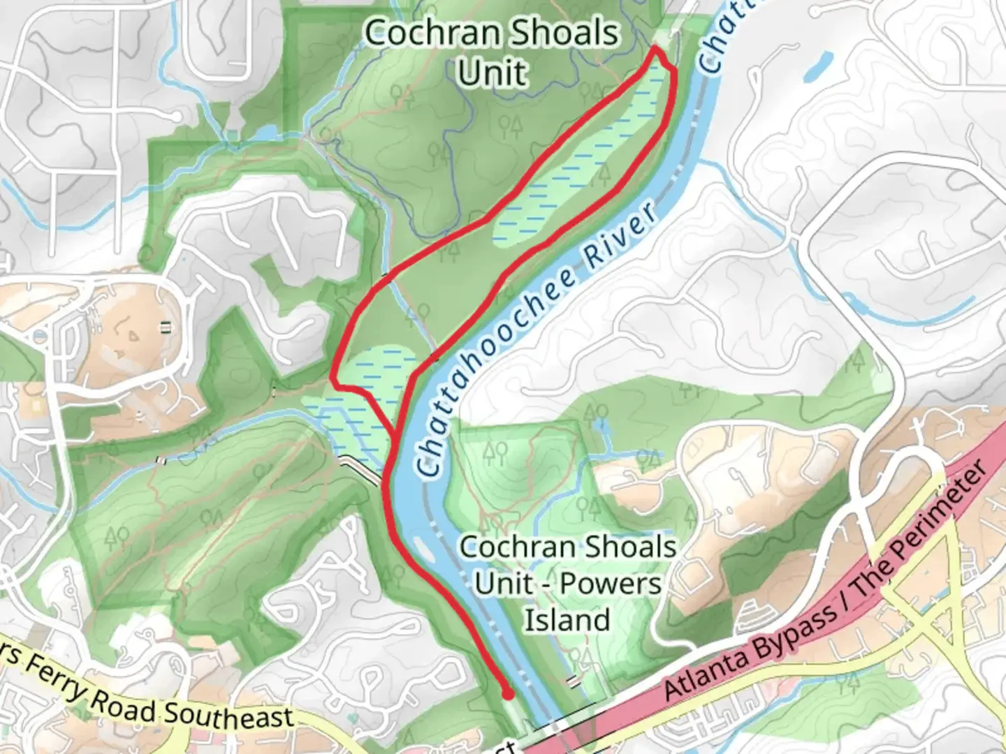 An image depicting the trail Chattahoochee River Shore Loop - Power's Island and its surrounding area.