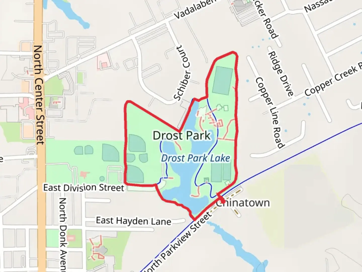 An image depicting the trail Drost Park Lake Loop and its surrounding area.