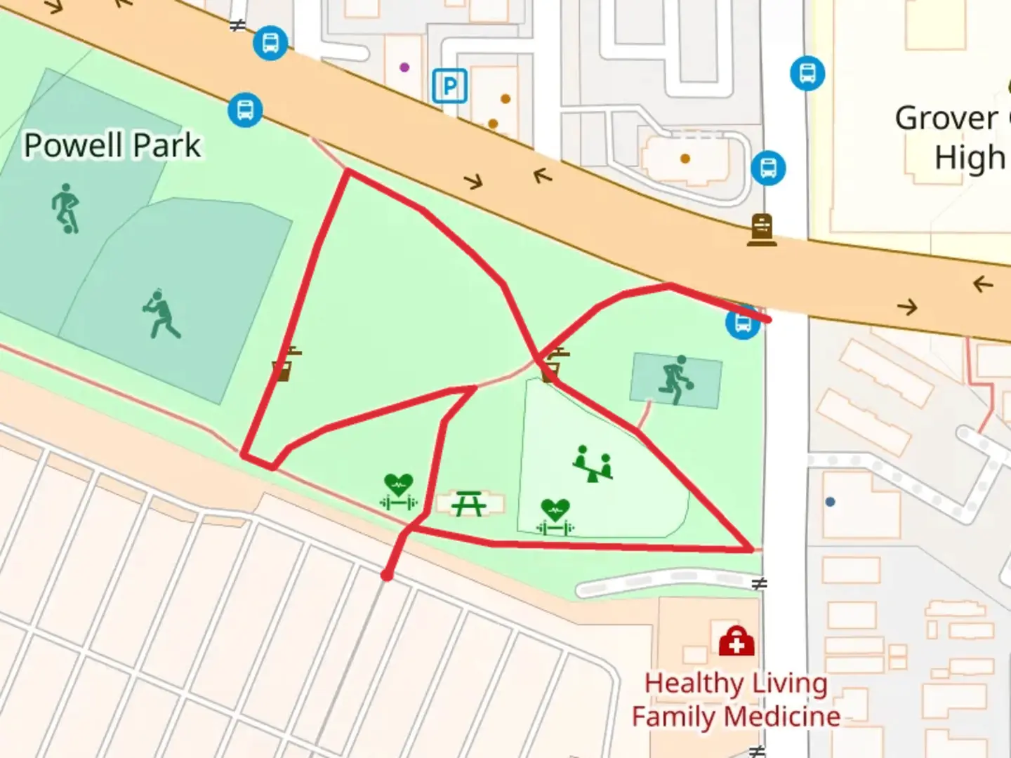 An image depicting the trail Powell Park Loop and its surrounding area.