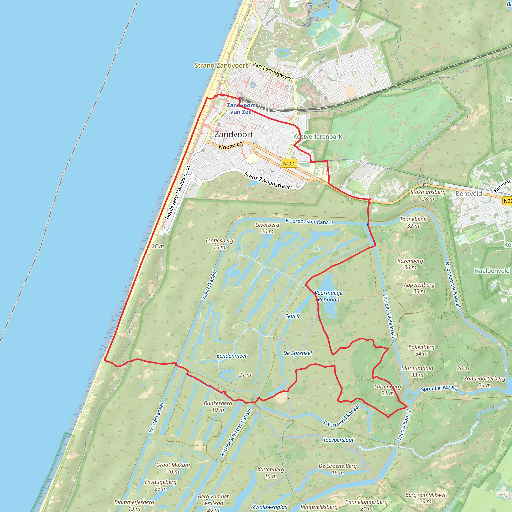 Voorgatige Renbaan and Zandvoort beach via Tilanuspad and Burgemeester Nawijnlaan mobile static map