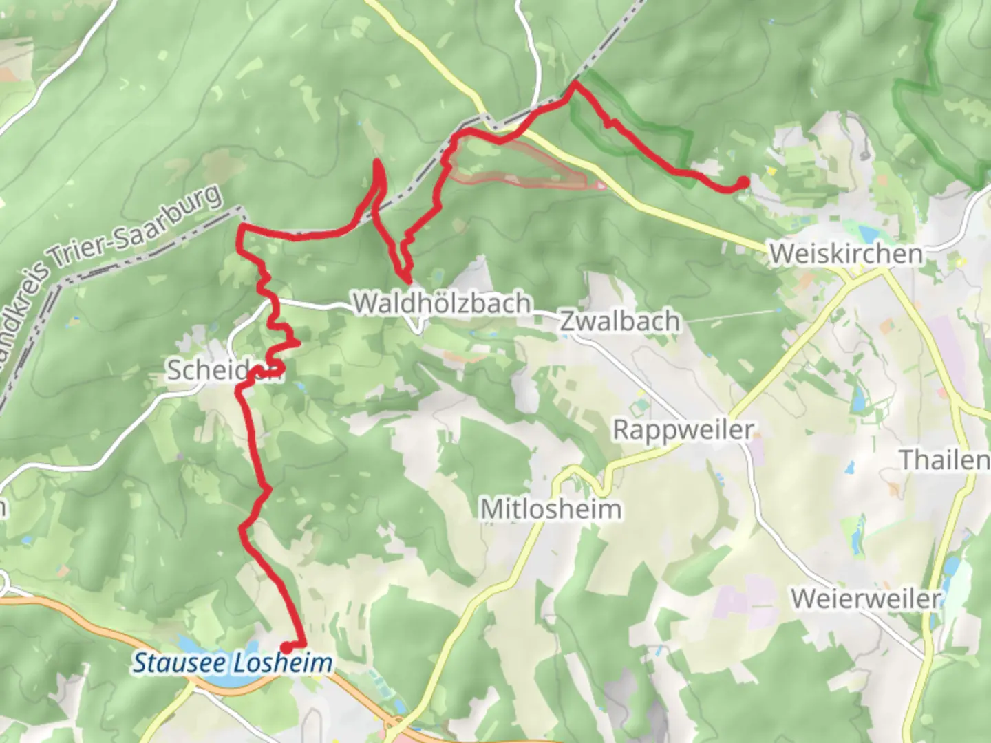 An image depicting the trail Stausee Losheim to Weiskirchen Walk and its surrounding area.