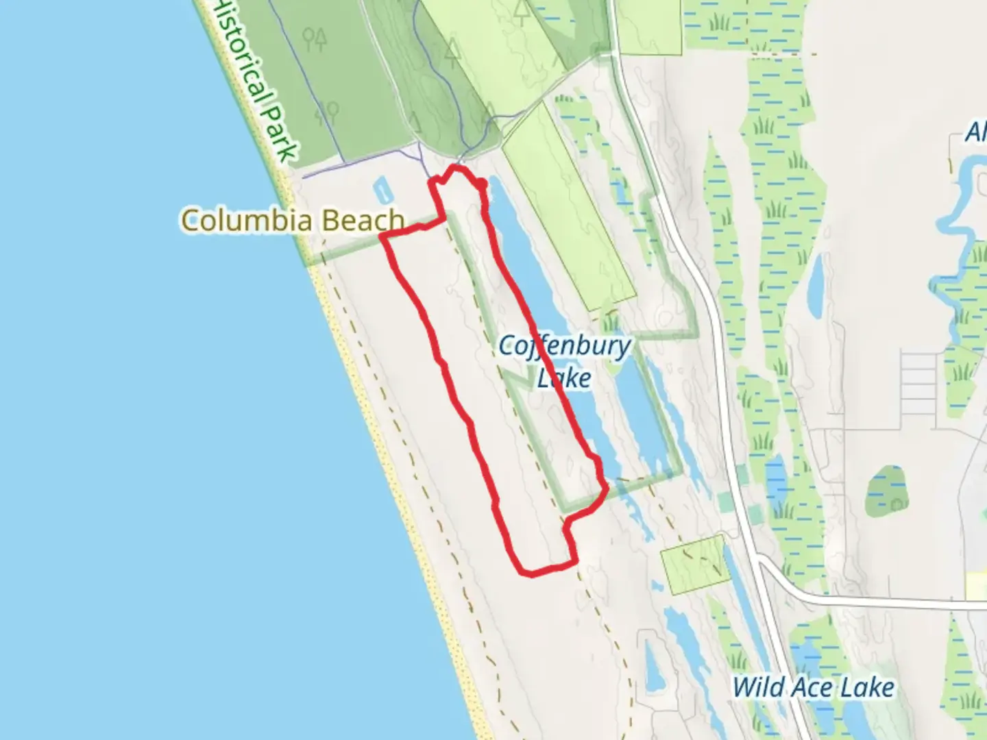 An image depicting the trail Coffenbury Lake and DeLaura Dune Loop Trail and its surrounding area.