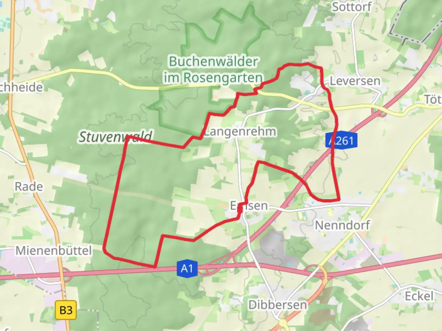 An image depicting the trail Emsen Loop via Stuvenwald and its surrounding area.
