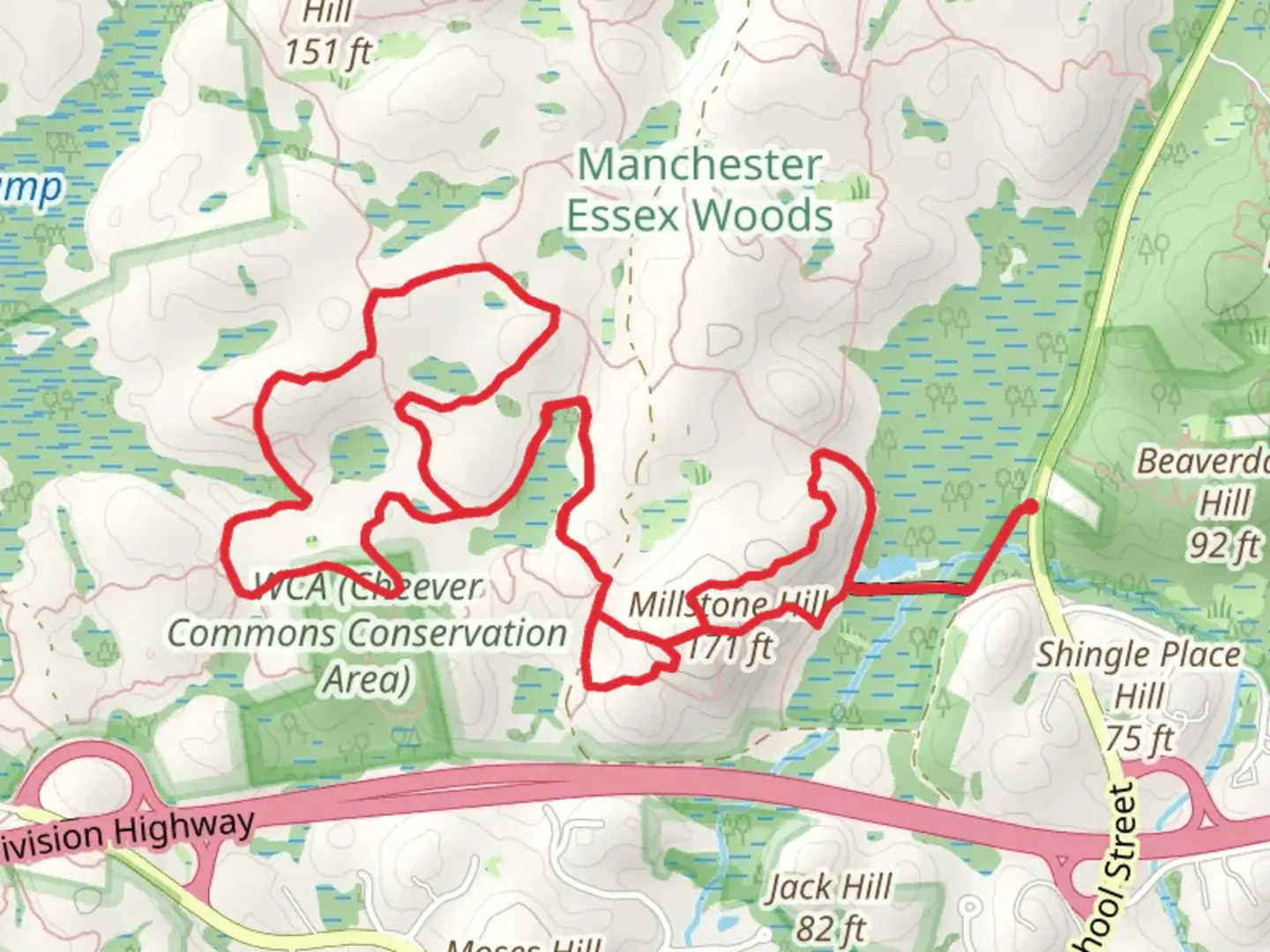 An image depicting the trail Millstone Hill and Cedar Swamp Conservation Area Loop and its surrounding area.