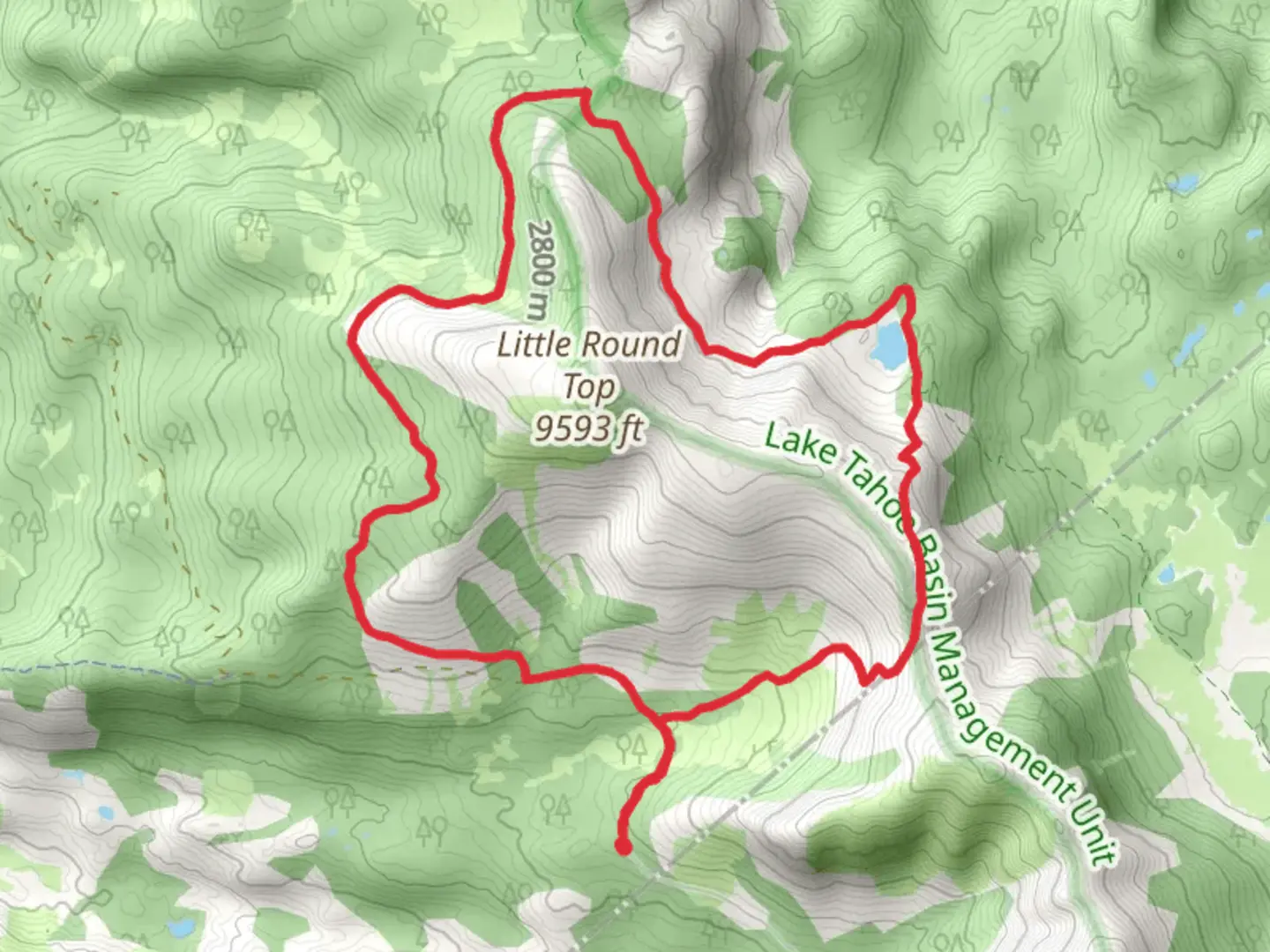 An image depicting the trail Little Round Top Trail and Tahoe Rim Loop Trail and its surrounding area.