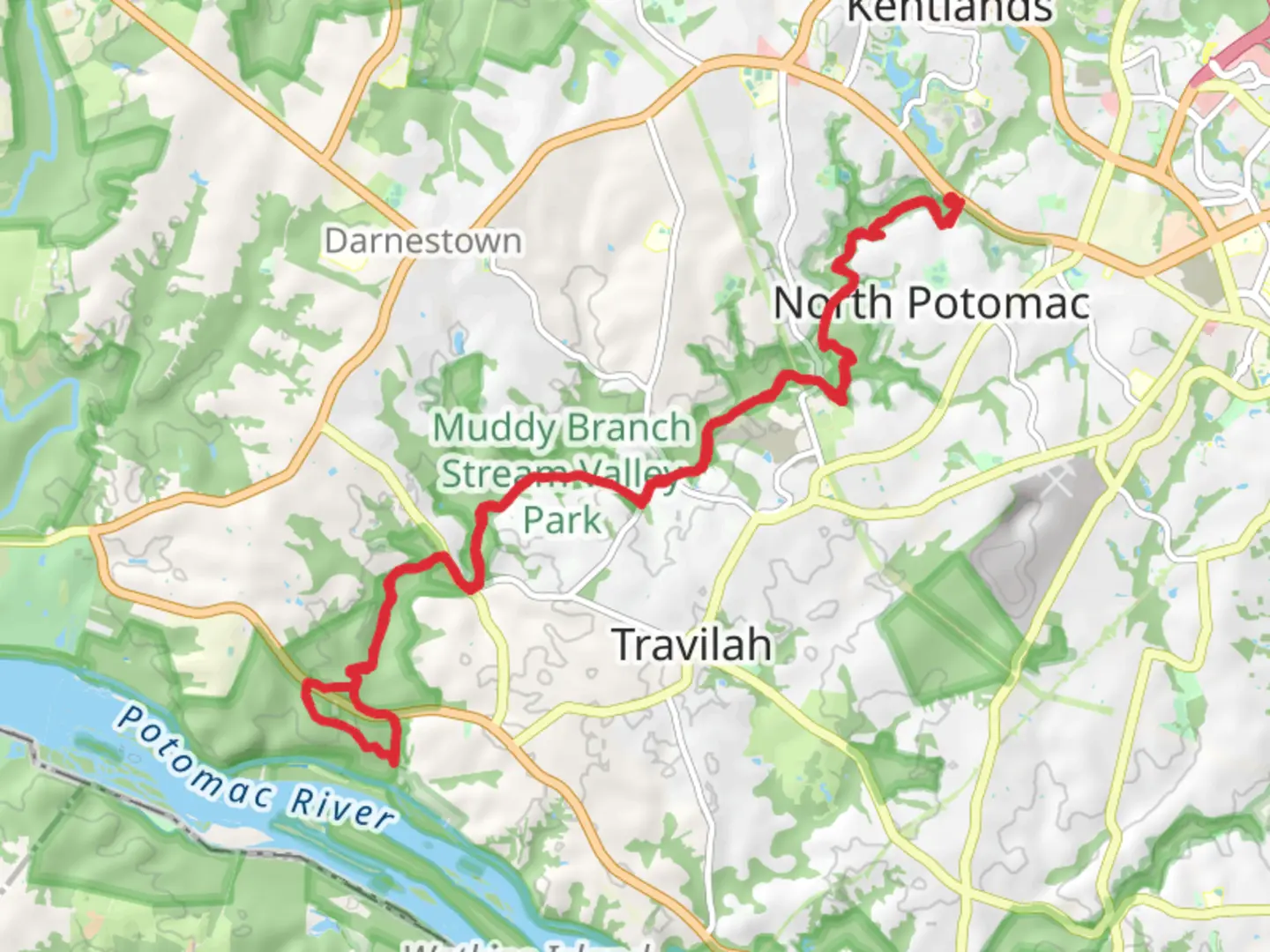 An image depicting the trail Muddy Branch Greenway Trail Out and Back and its surrounding area.