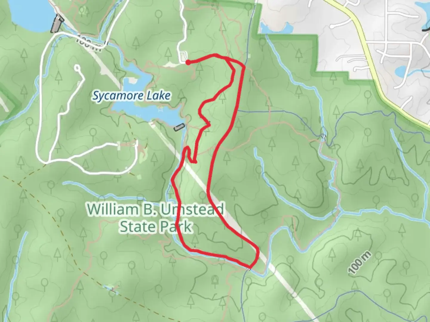 An image depicting the trail Sycamore and Graylyn Loop Trail and its surrounding area.