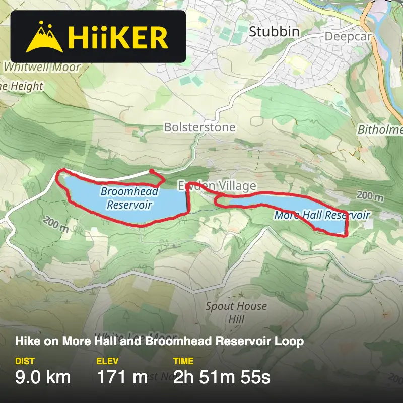 A map preview of the recording Hike on More Hall and Broomhead Reservoir Loop.