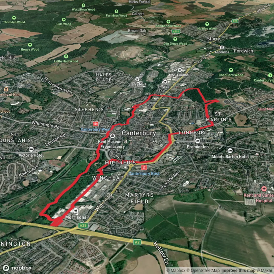 An image depicting the trail Park and ride Canterbury tourist trail and its surrounding area.