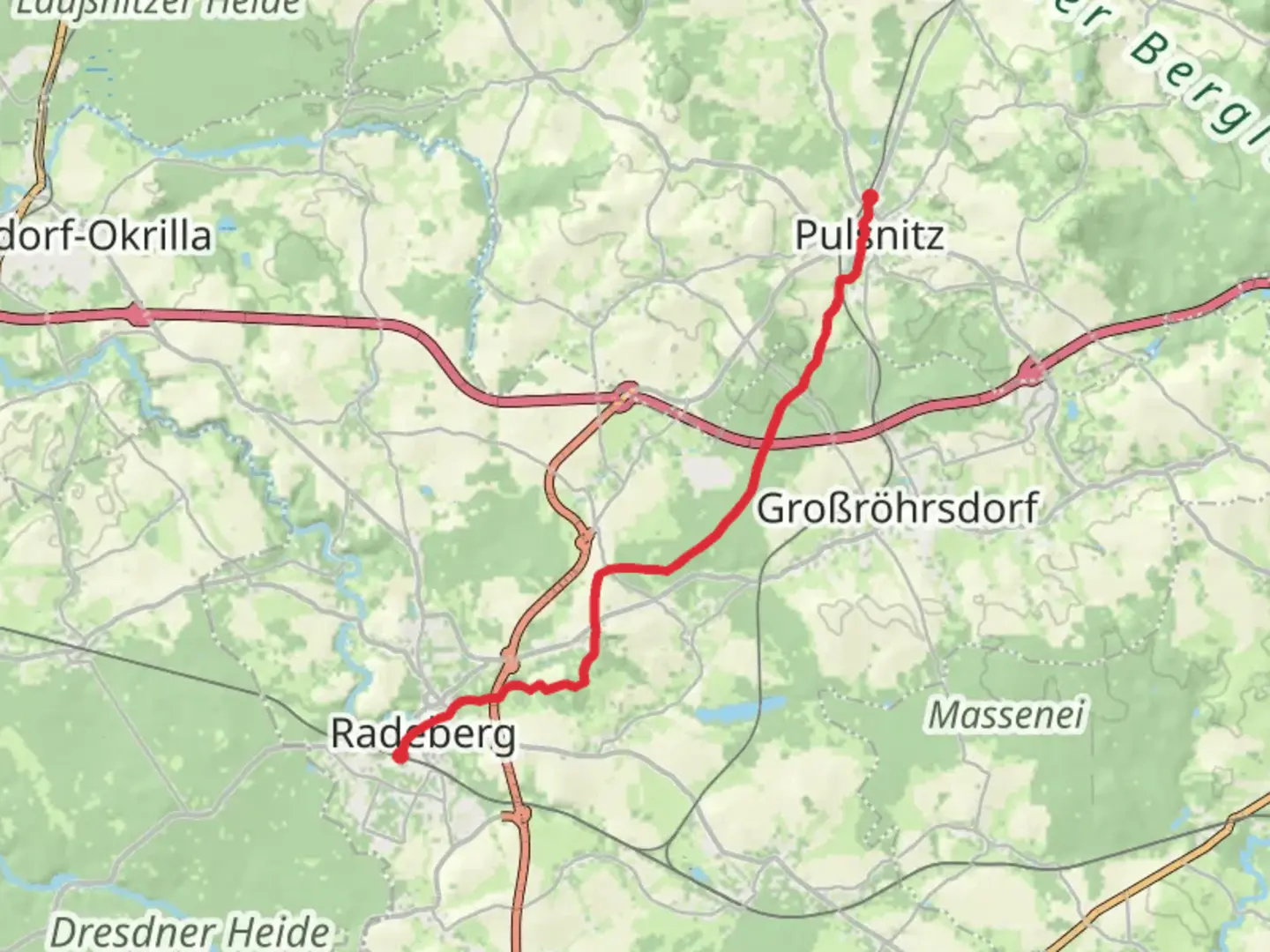 An image depicting the trail Pulsnitz to Radeberg Walk and its surrounding area.