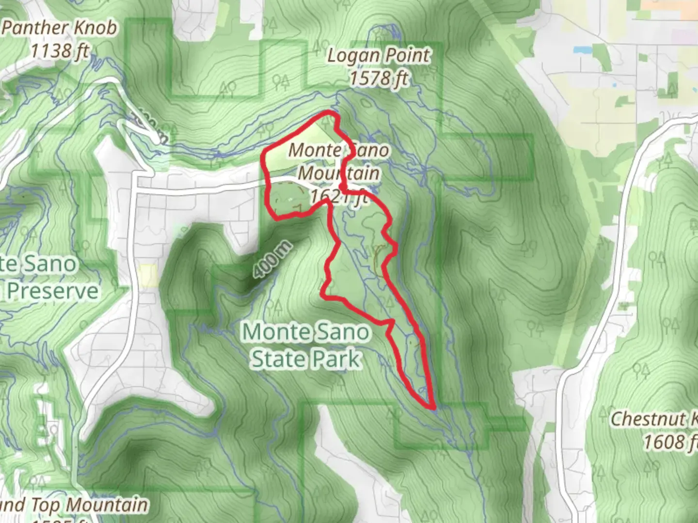 An image depicting the trail Monte Sano Mountain Loop via North and South Plateau and its surrounding area.
