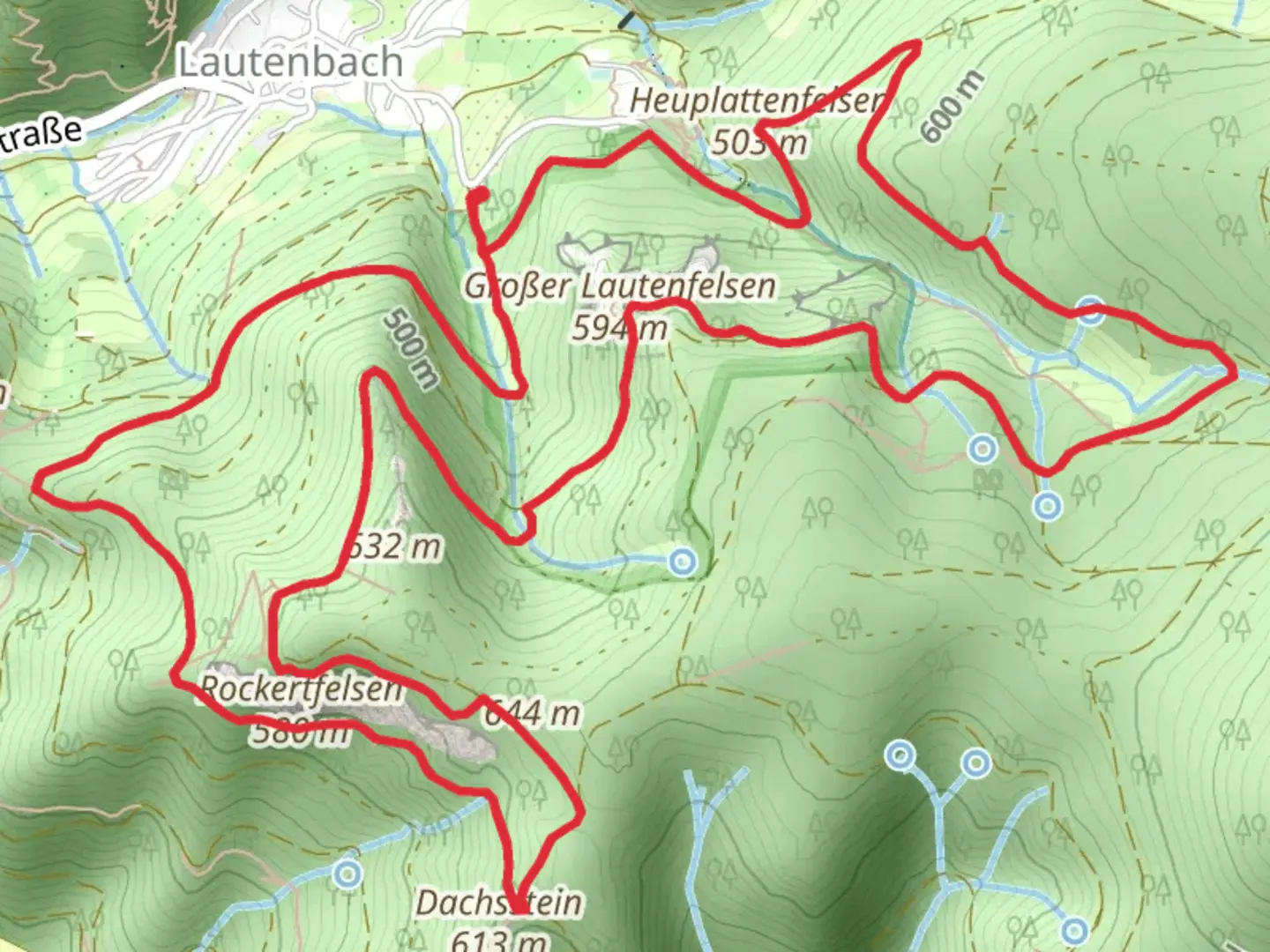 An image depicting the trail Rockertfelsen, Lautenfelsen and Heuplattenfelsen Loop and its surrounding area.