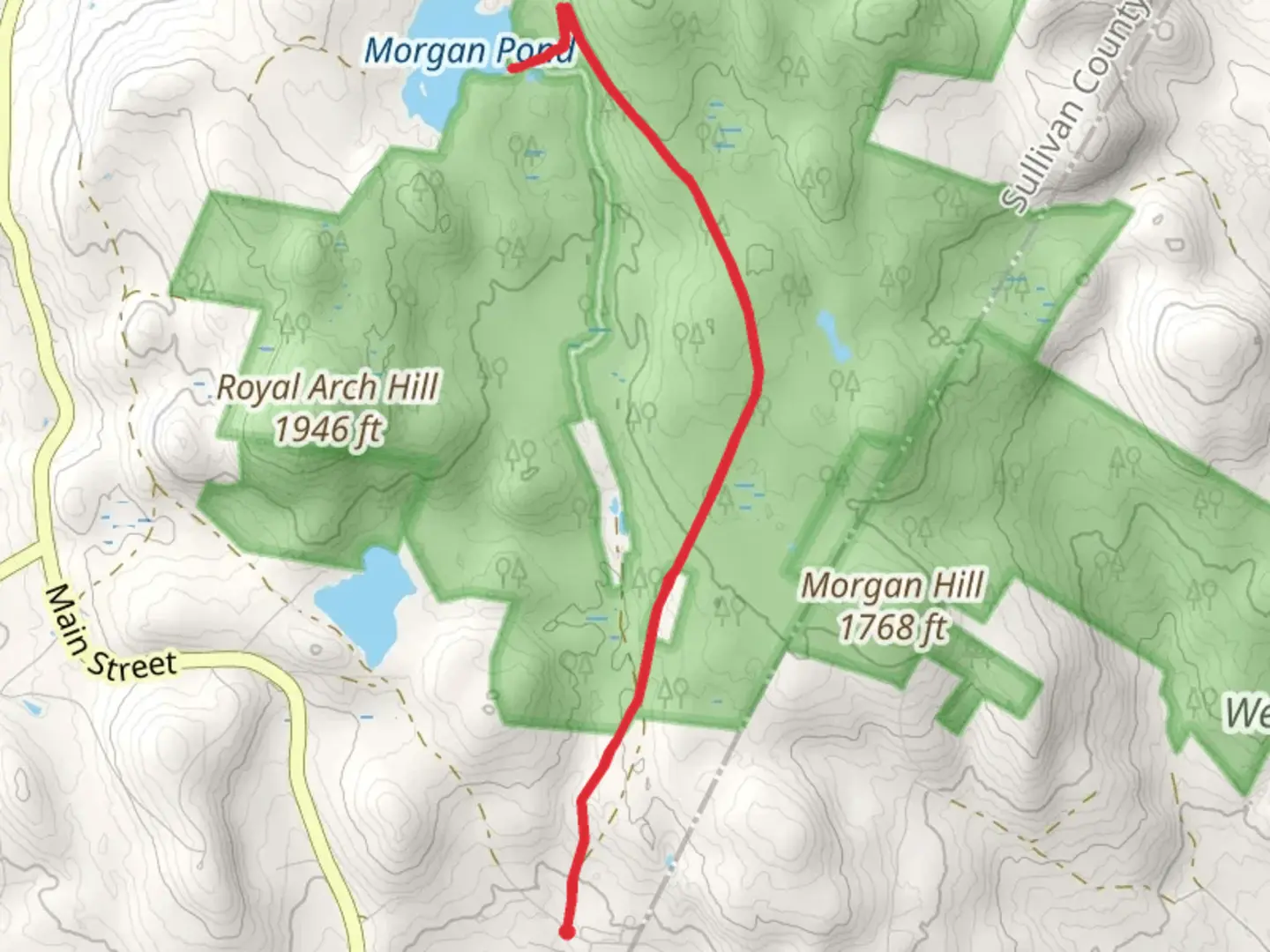 An image depicting the trail Morgan Pond Trail via Little Sunapee Lake and its surrounding area.
