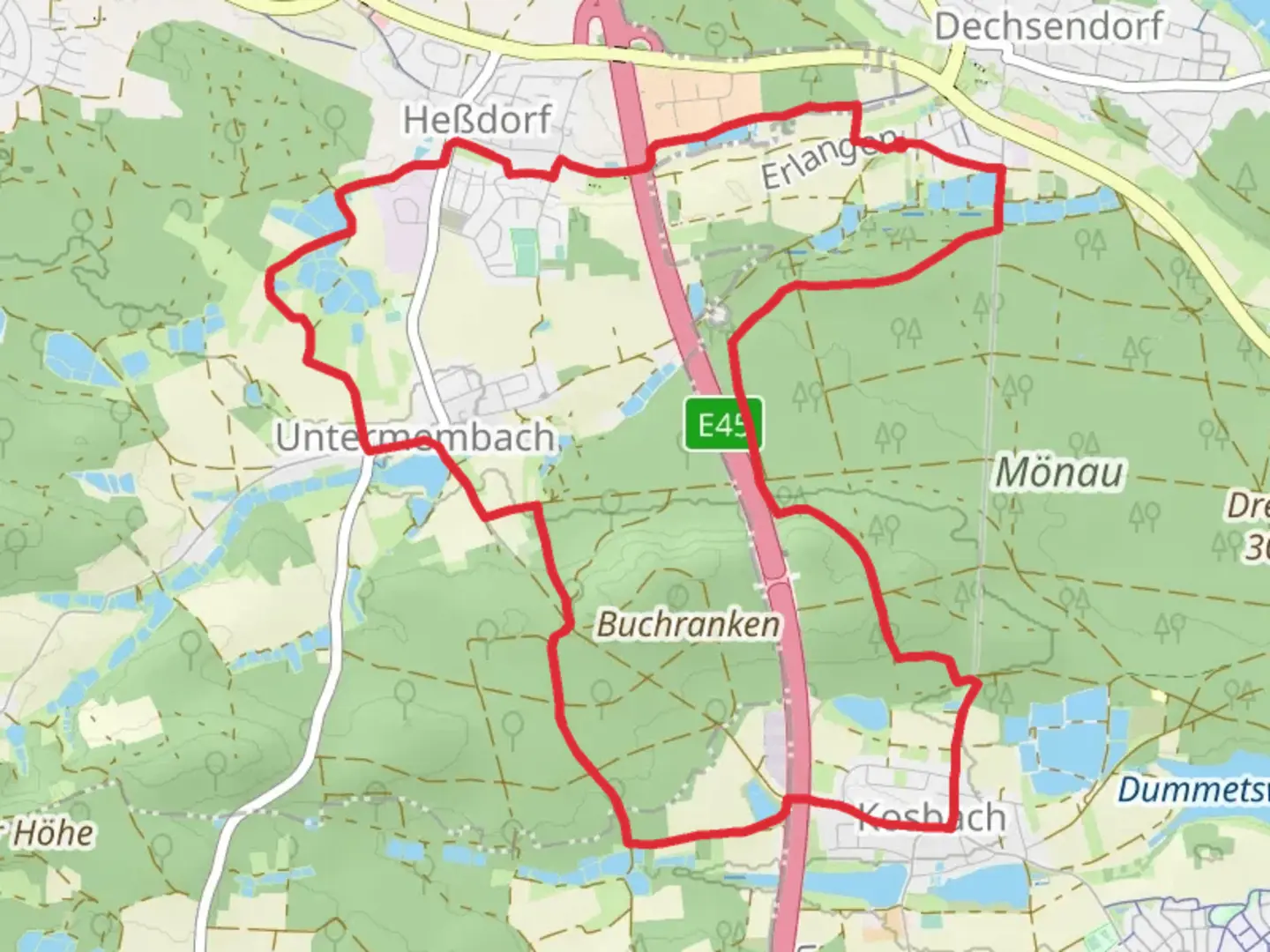 An image depicting the trail Grabenäcker Teiche, Reisigweiher, Dorfweiher and Kosbacher Altar Loop and its surrounding area.