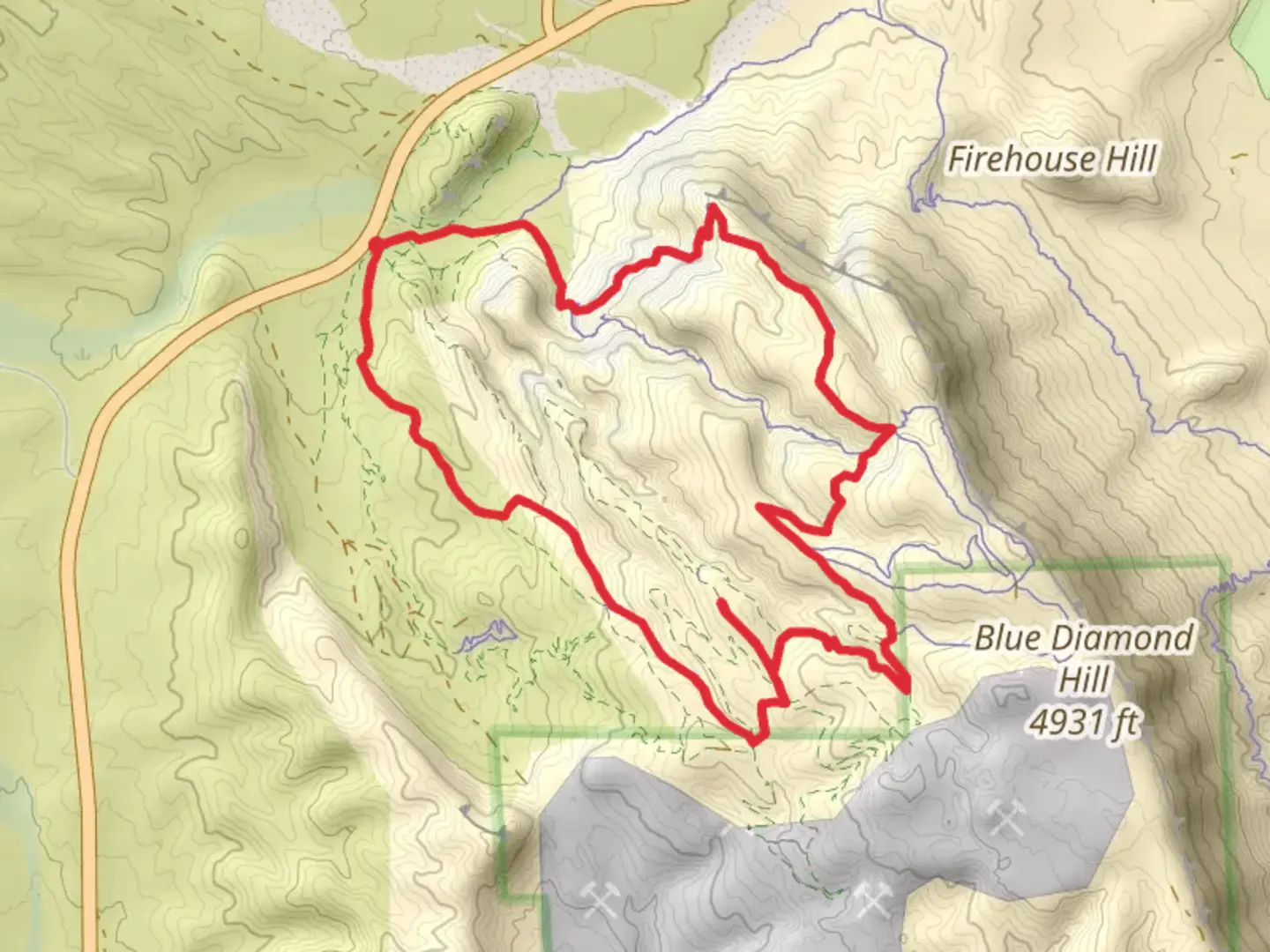 An image depicting the trail Fossil Canyon, 2nd Finger and Bomb Voyage Loop and its surrounding area.