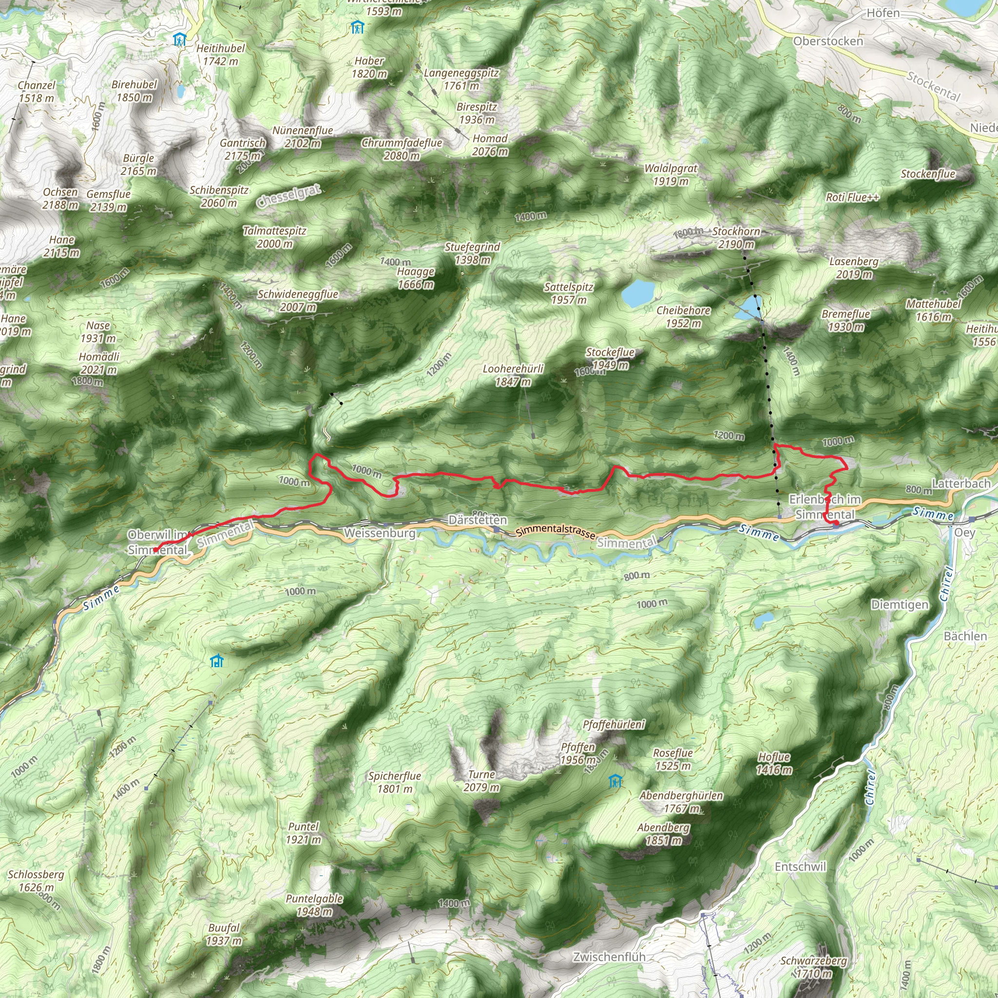Oberwil to Erlenbach im Simmental mobile static map
