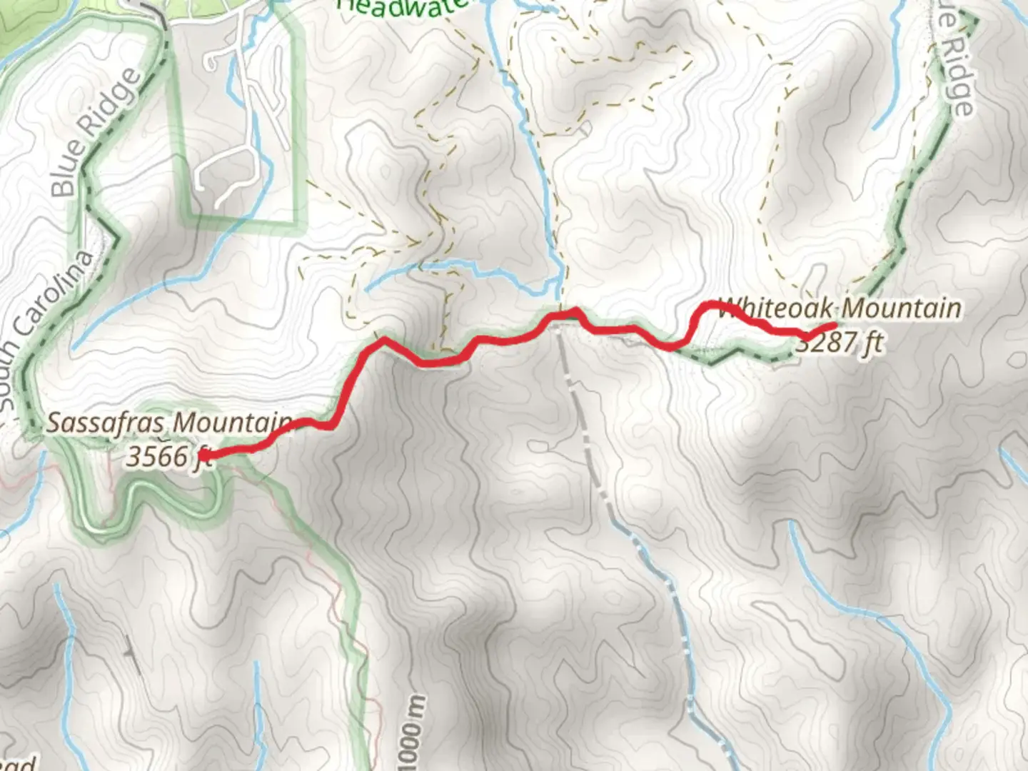An image depicting the trail Whiteoak Mountain, Sassafras Mountain and Gap and its surrounding area.