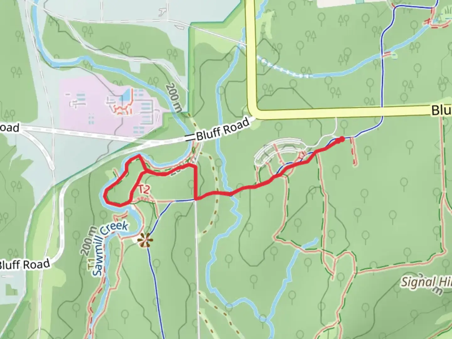 An image depicting the trail Waterfall Glen Main and Rocky Glen Loop Trail and its surrounding area.