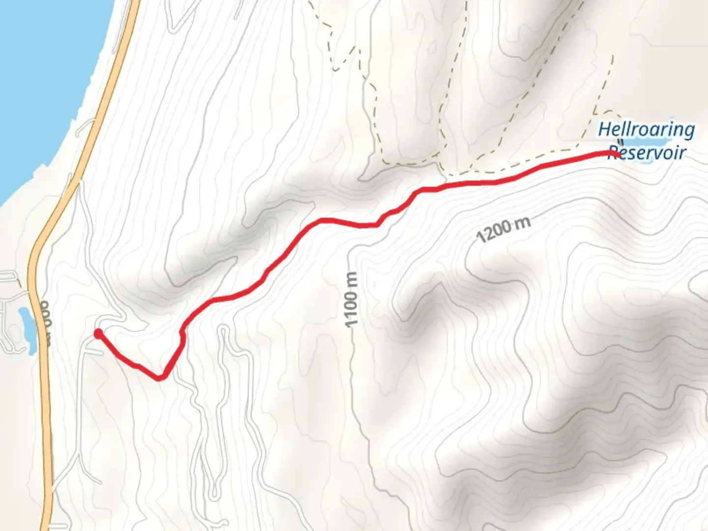 An image depicting the trail Hellroaring Reservoir and its surrounding area.