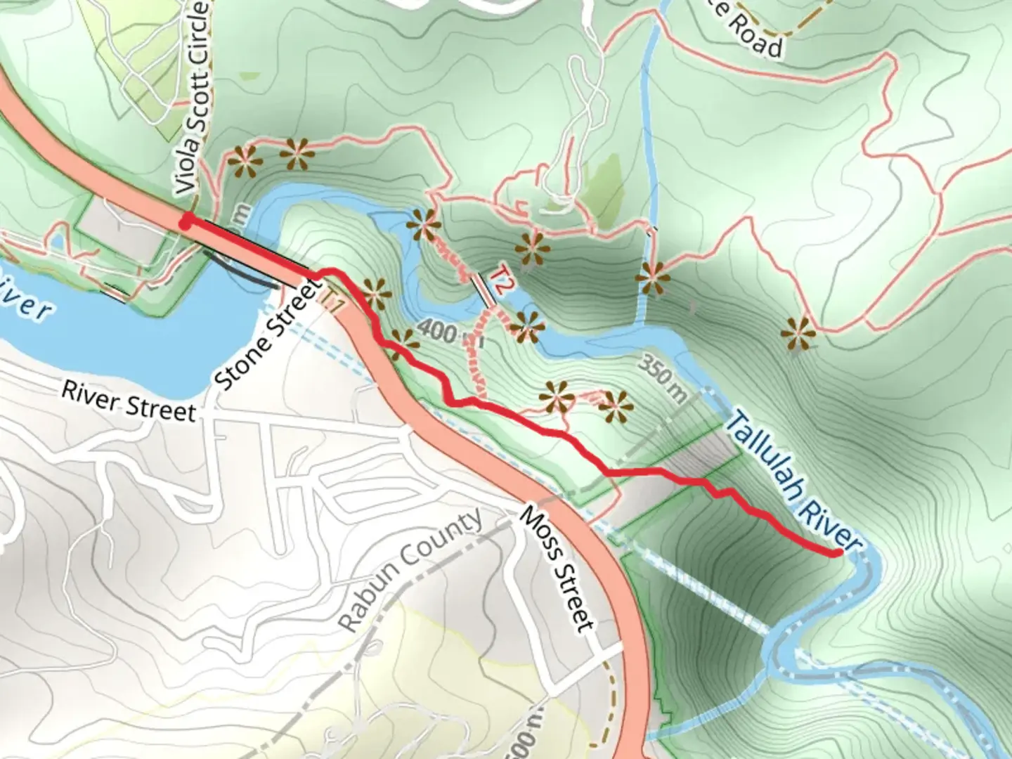 An image depicting the trail Tallulah River via South Rim Trail and its surrounding area.