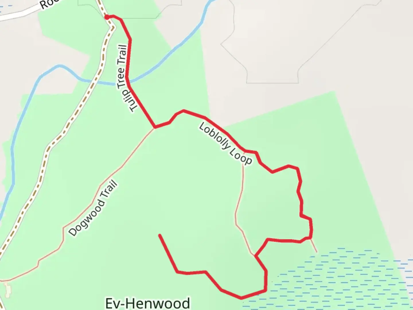 An image depicting the trail Tulip Tree Trail and its surrounding area.