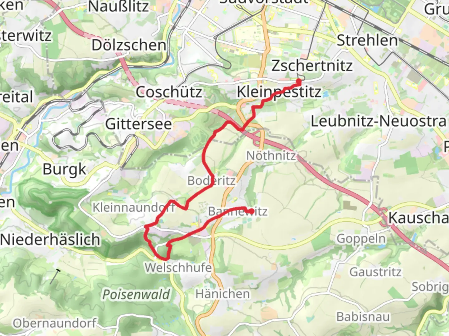 An image depicting the trail Zschertnitz to Bannewitz via Freitaler Rundweg and its surrounding area.